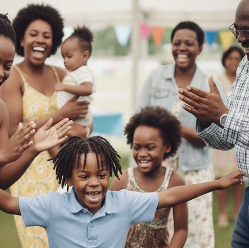 Joyful family, including children and adults, clapping and laughing outdoors at a celebration.